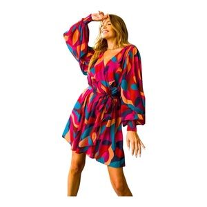Flying Tomato Colorful Long Sleeve Flowy Dress Size S Boho Dopamine Dressing
